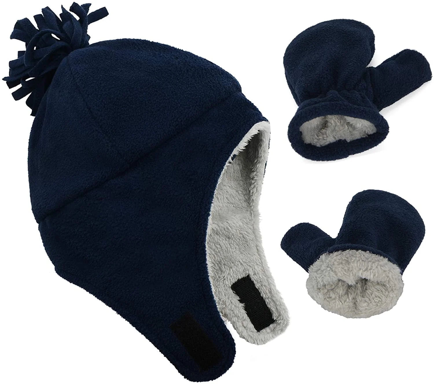 Baby Kids Winter Hats and Gloves Sets for Boys Navy Blue Warm Polar Fleece Earmuffs Beanie Hat Navy 2-12 Months